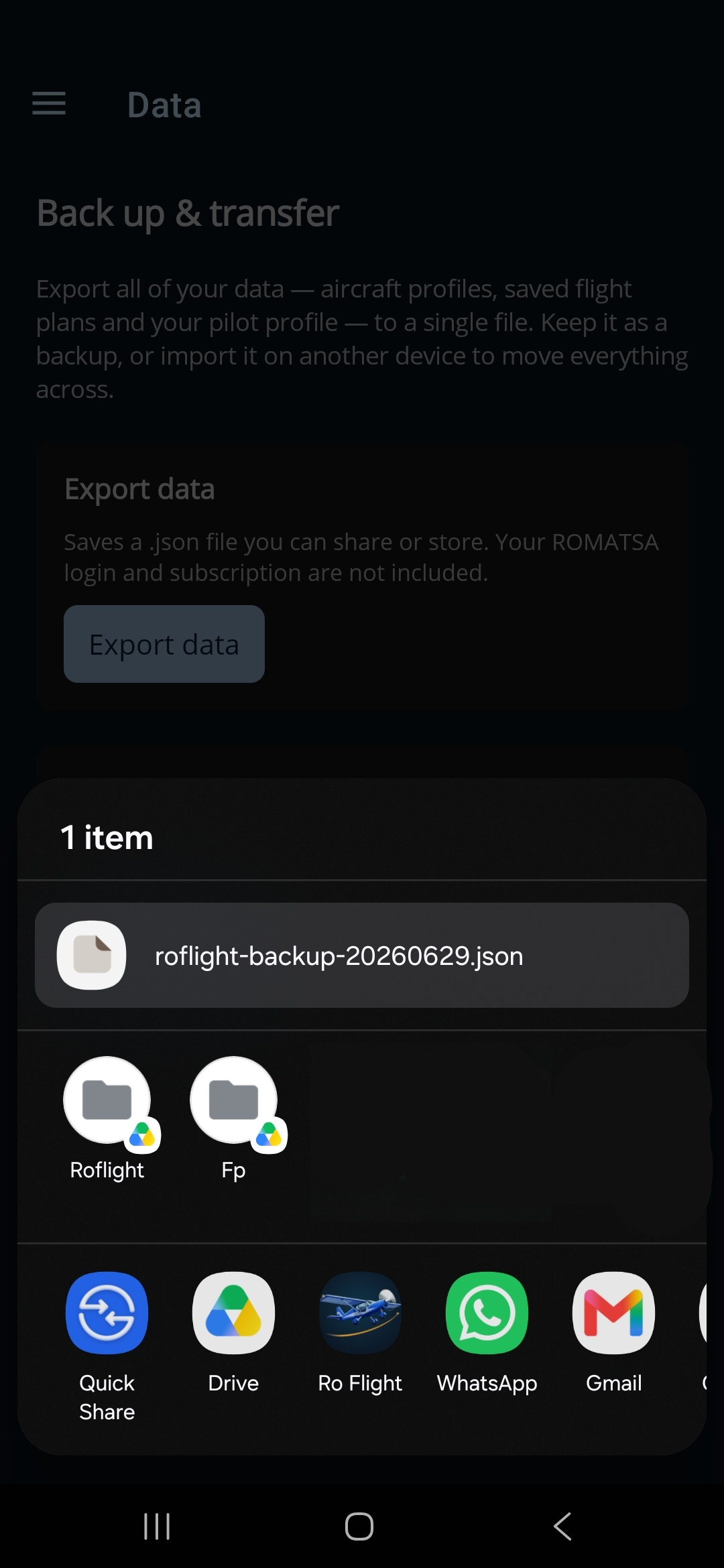 Exporting — the backup file handed to the device's share sheet