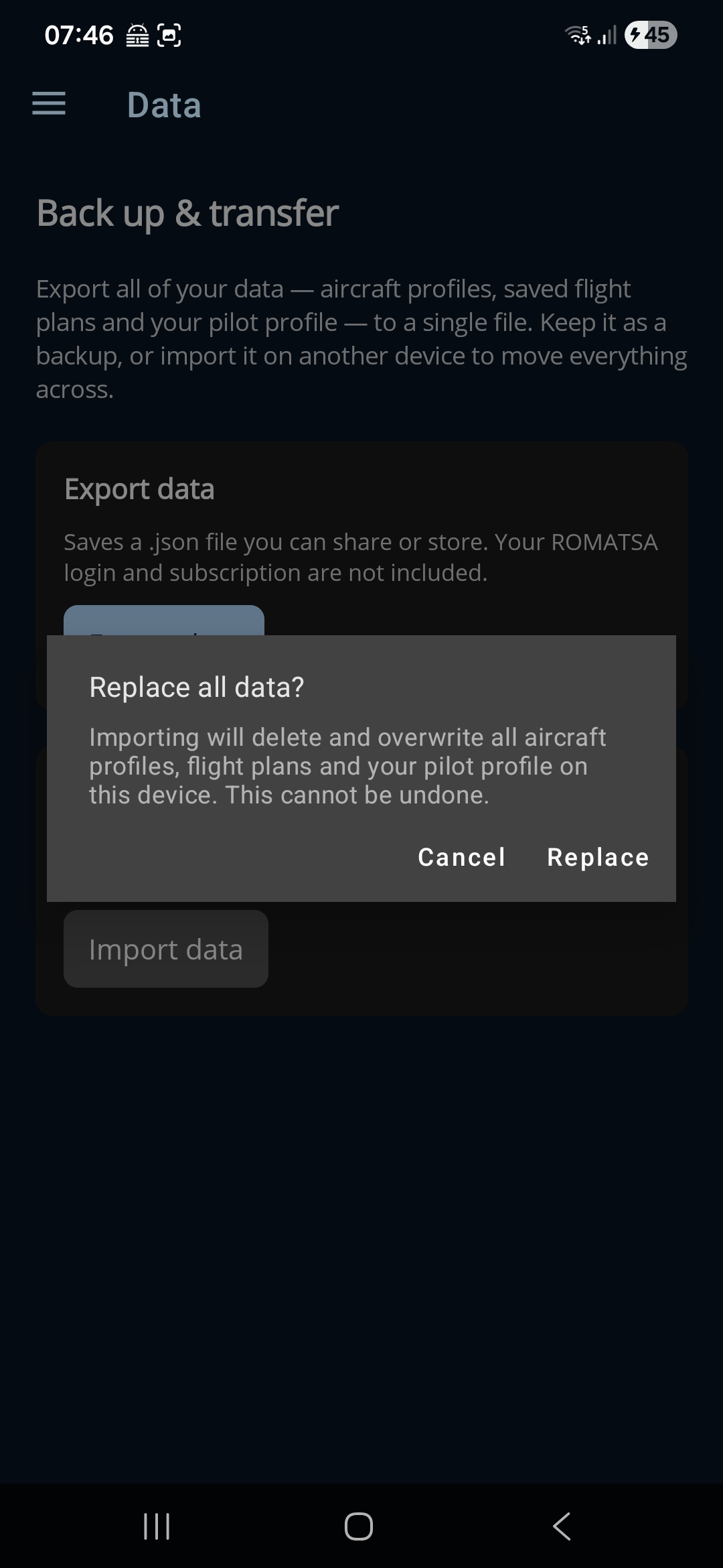 Importing — the “Replace all data?” confirmation