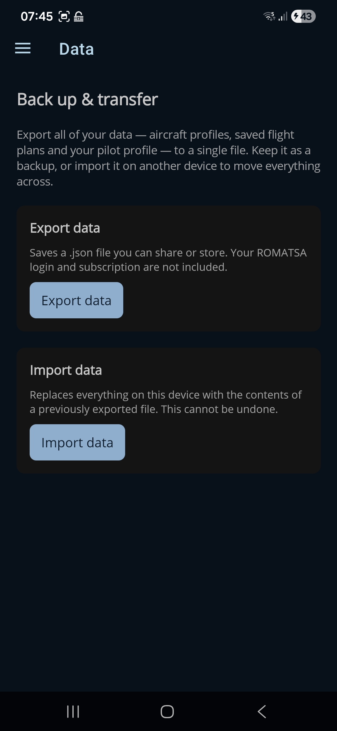 The Data page — Export and Import cards