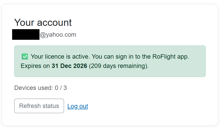 Your account page shows the licence status and how many devices you've used