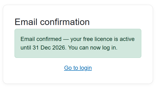 Email confirmed — your free licence is active until 31 Dec 2026