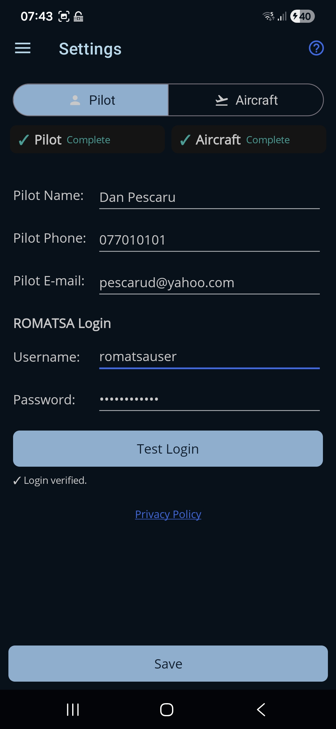 Step 3 — Pilot Profile with a verified ROMATSA login
