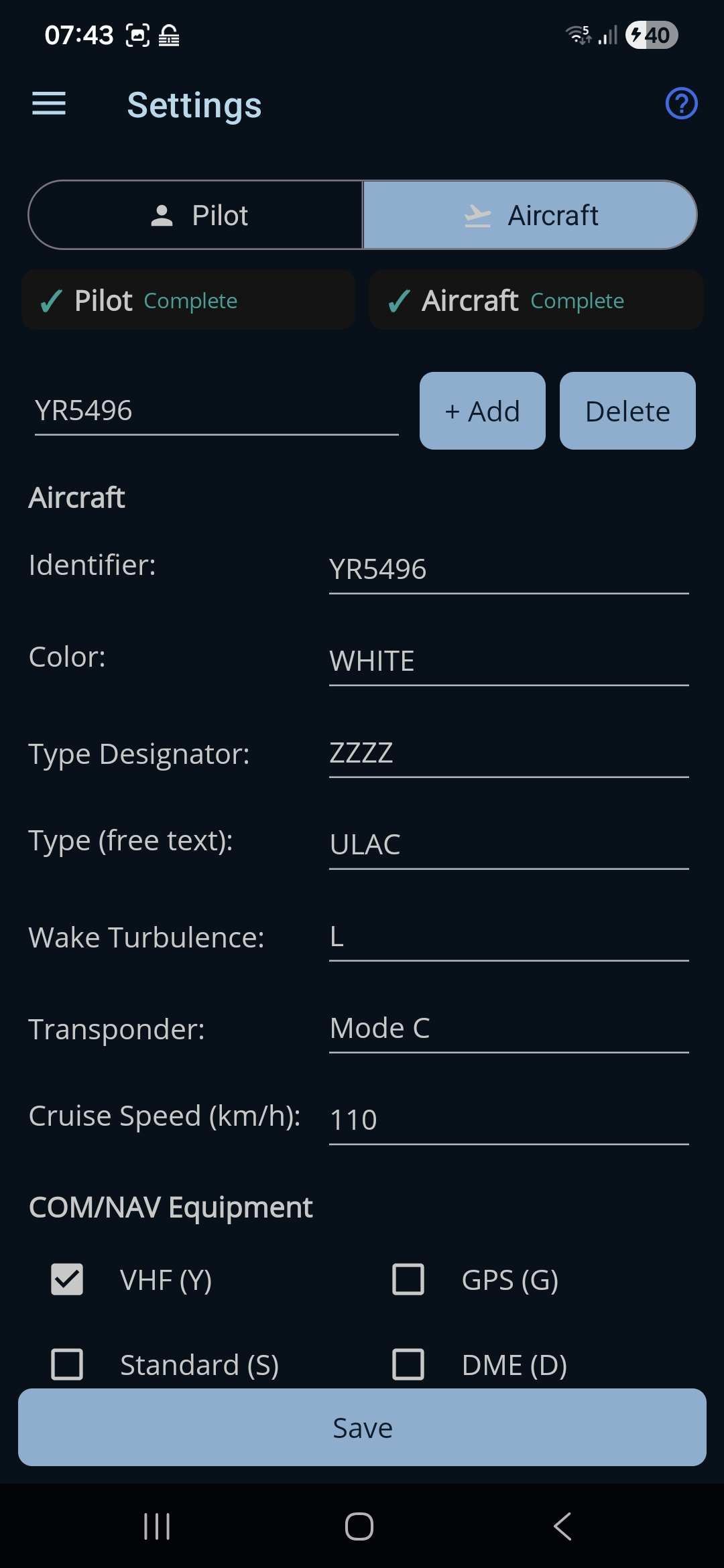 Step 4 — an aircraft profile with equipment selected