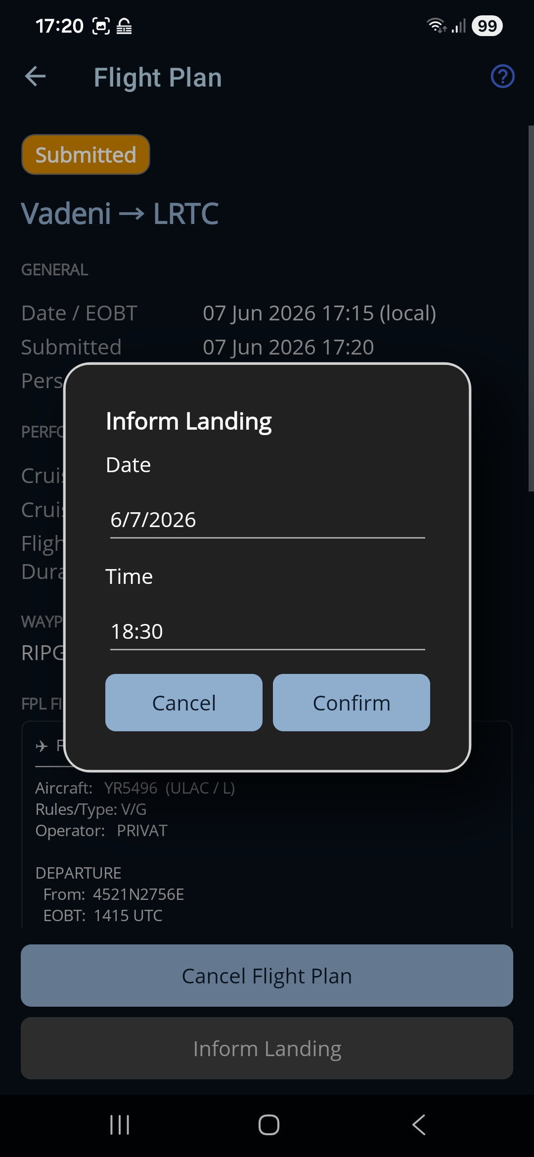 Step 8 — entering the actual landing date and time