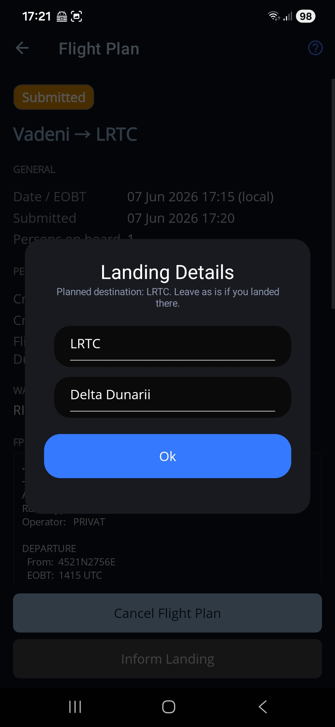 Step 8 — the planned destination is kept as the landing aerodrome