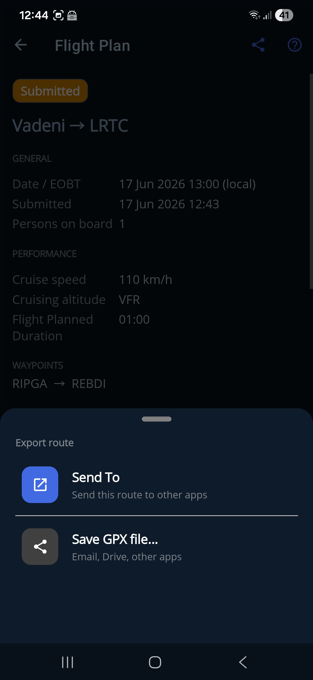 B5 — the Export route sheet: Send To or Save GPX file…