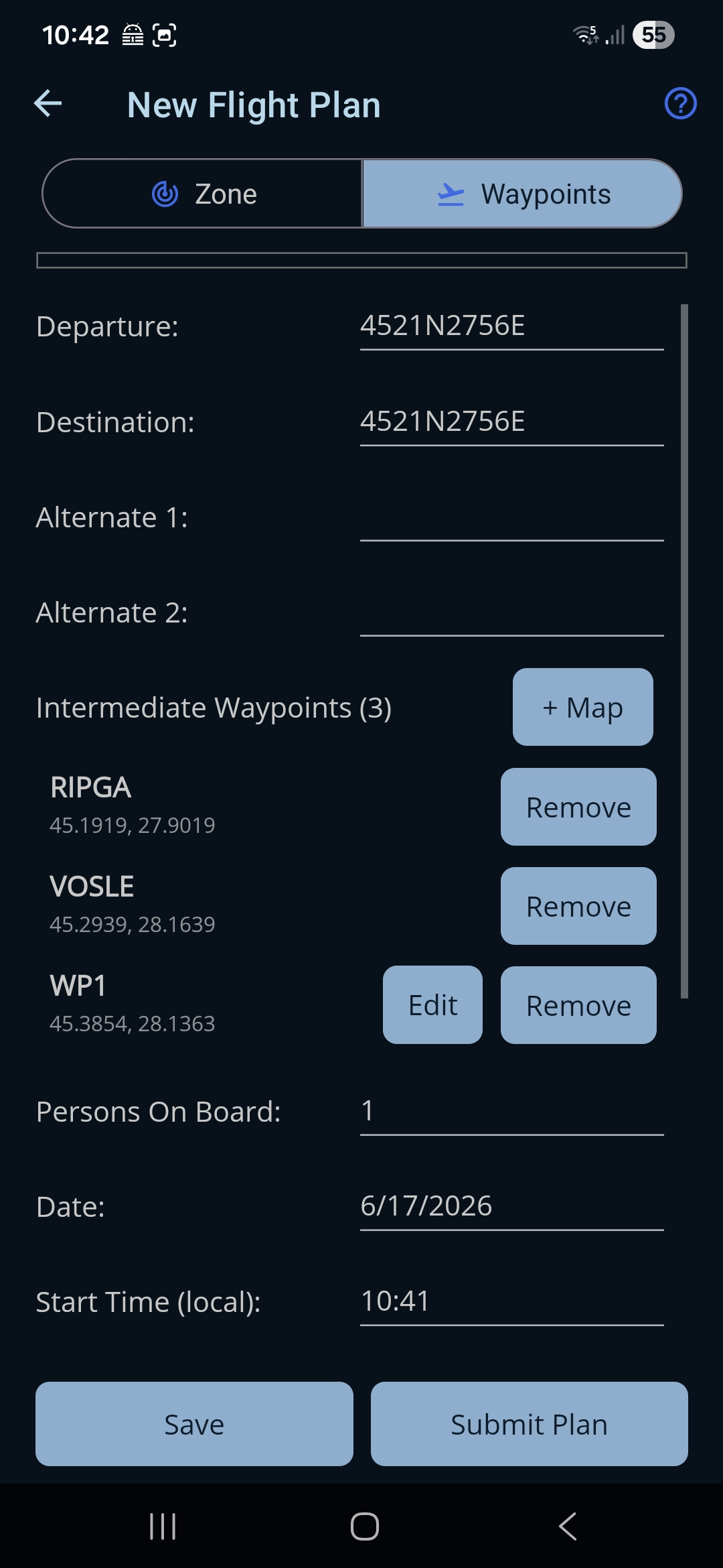 A4 — the imported route pre-filled in the flight plan form