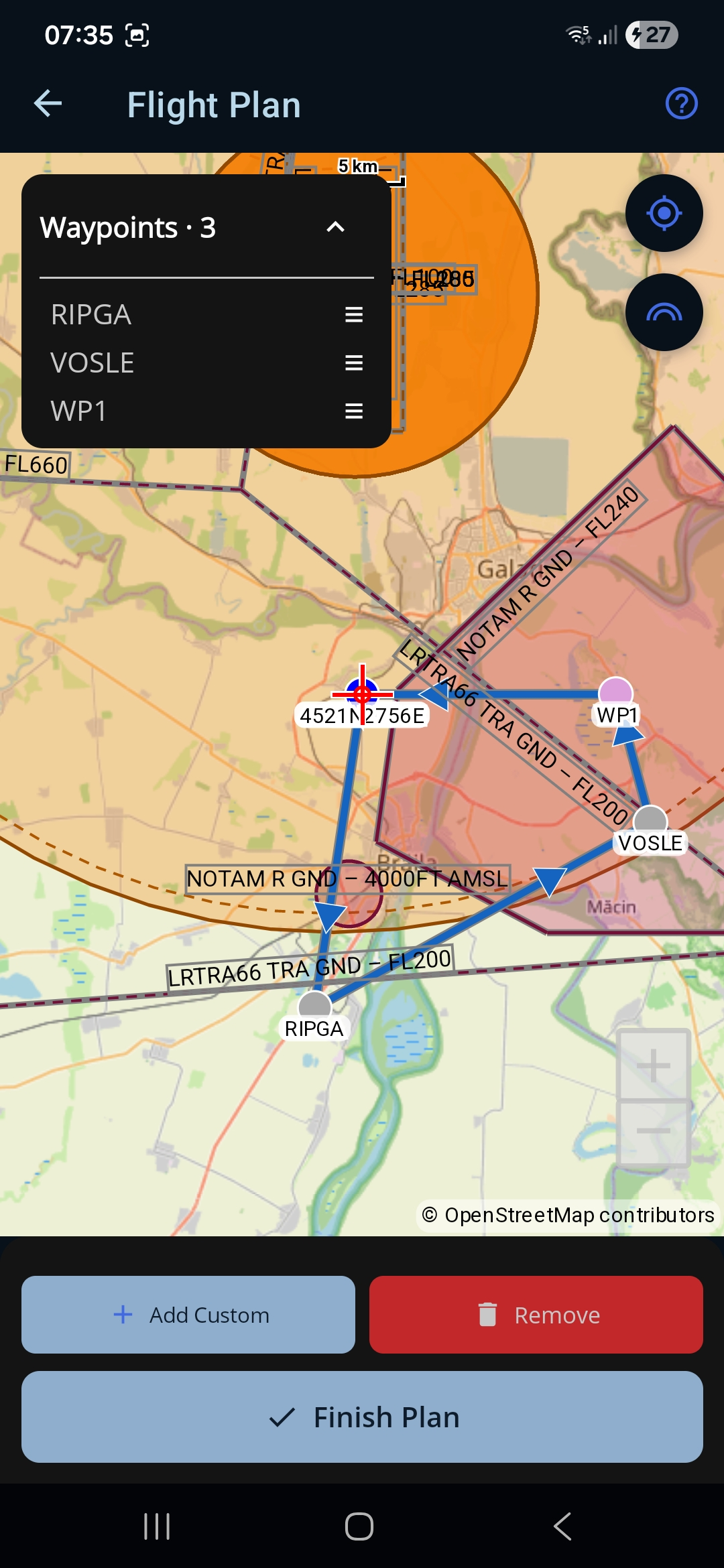 A5 — the imported waypoints shown on the map