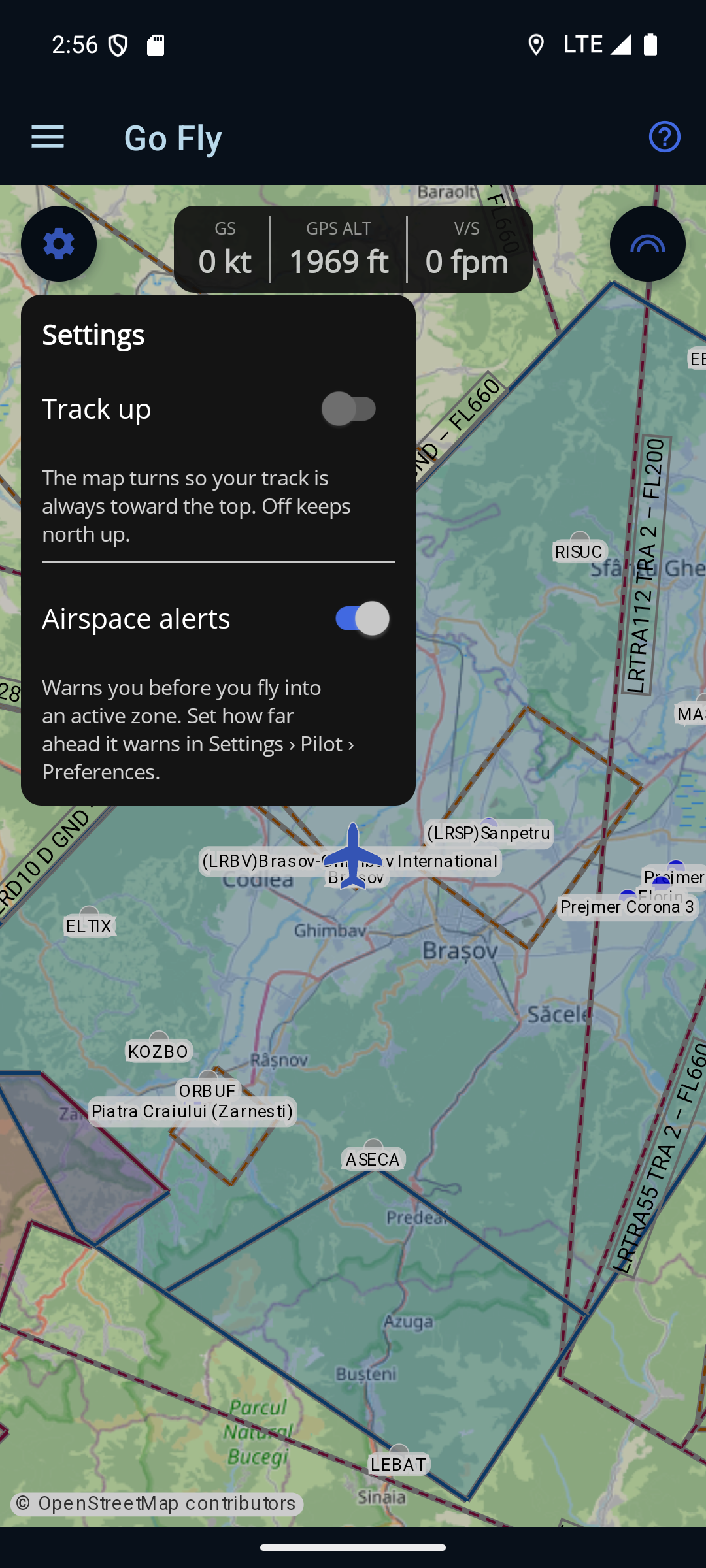 Cardul Settings — Track up și Airspace alerts