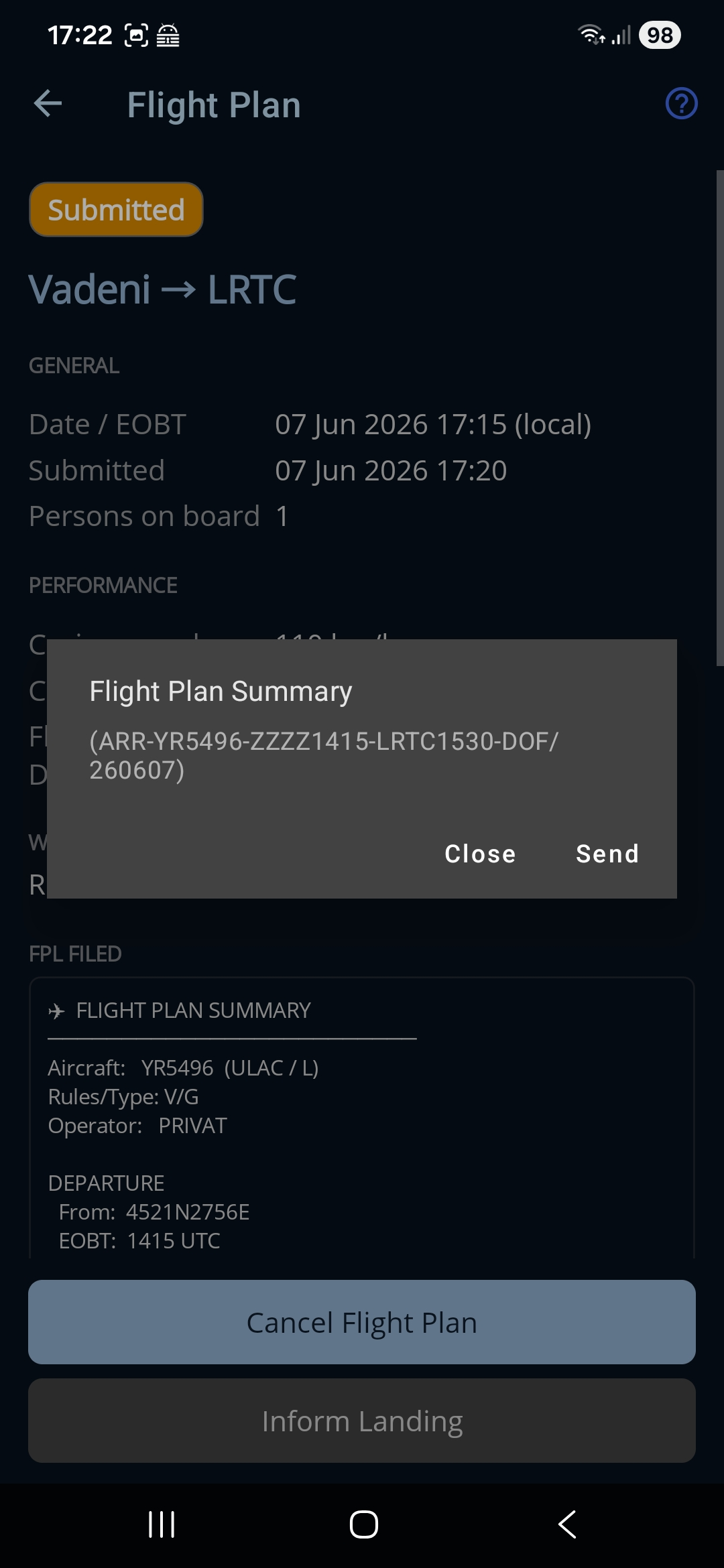 3 — review the assembled ARR message and Send it to ROMATSA