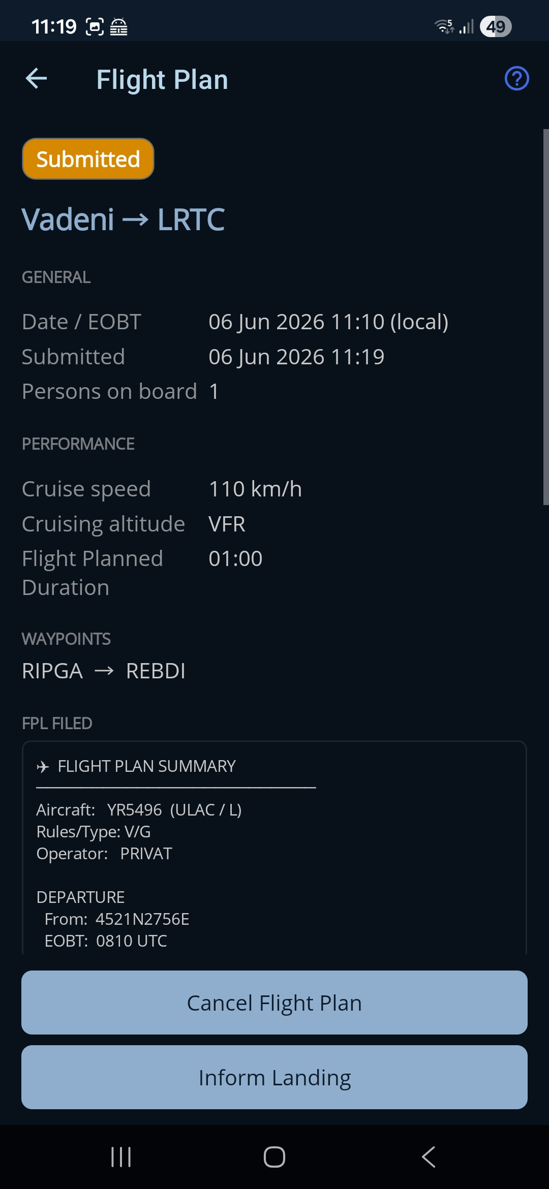 The Flight Plan Detail screen