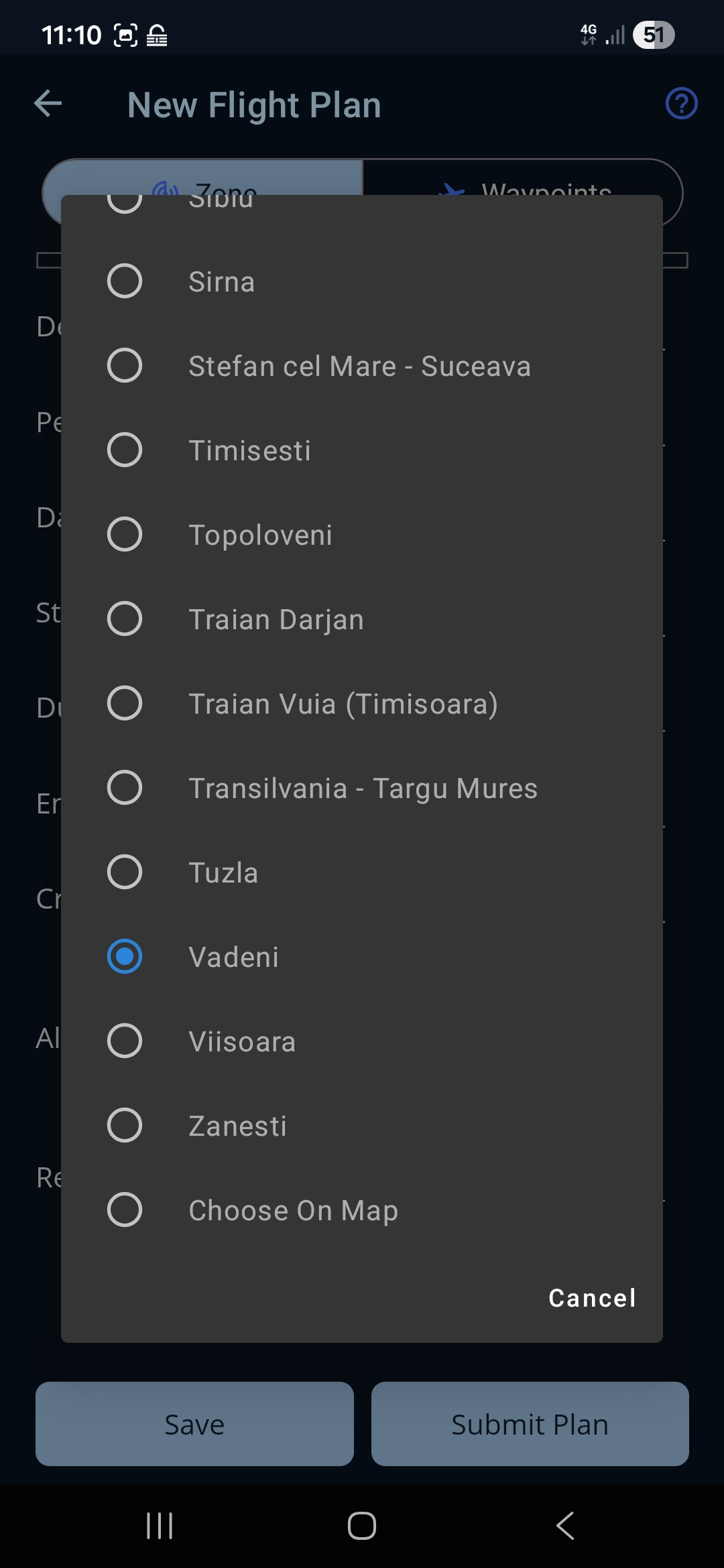Every aerodrome picker ends with a “Choose On Map” option