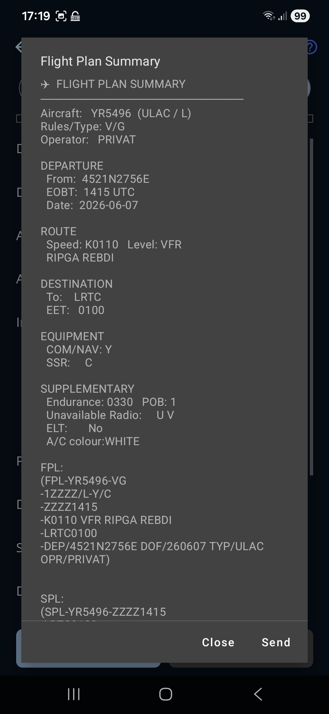 Submit Plan — the confirmation dialog showing the assembled flight plan before filing