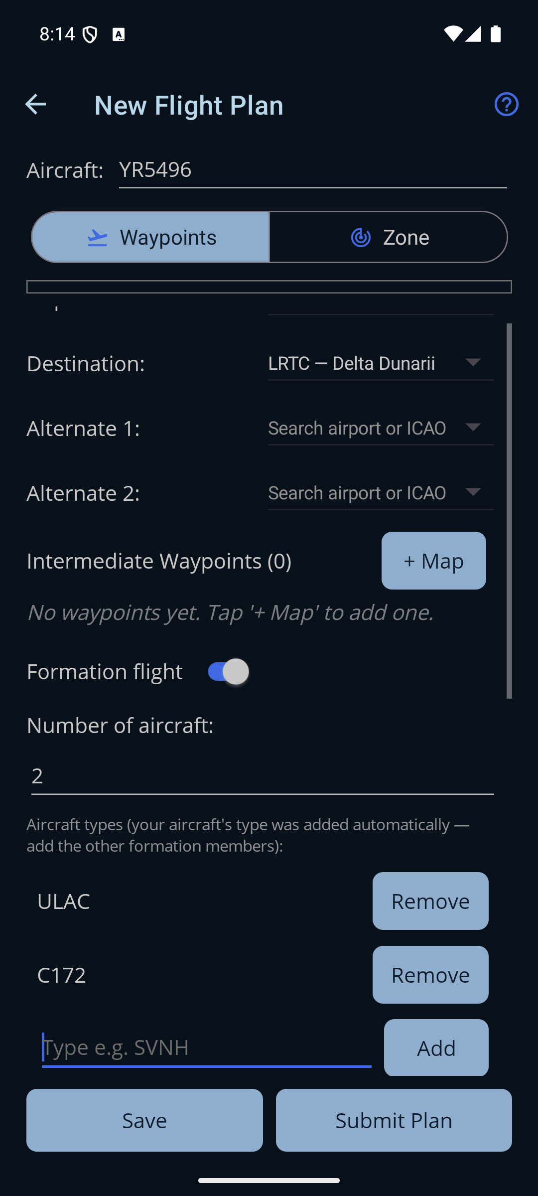 Zbor în formație — numărul de aeronave și lista de tipuri, cu tipul tău deja completat