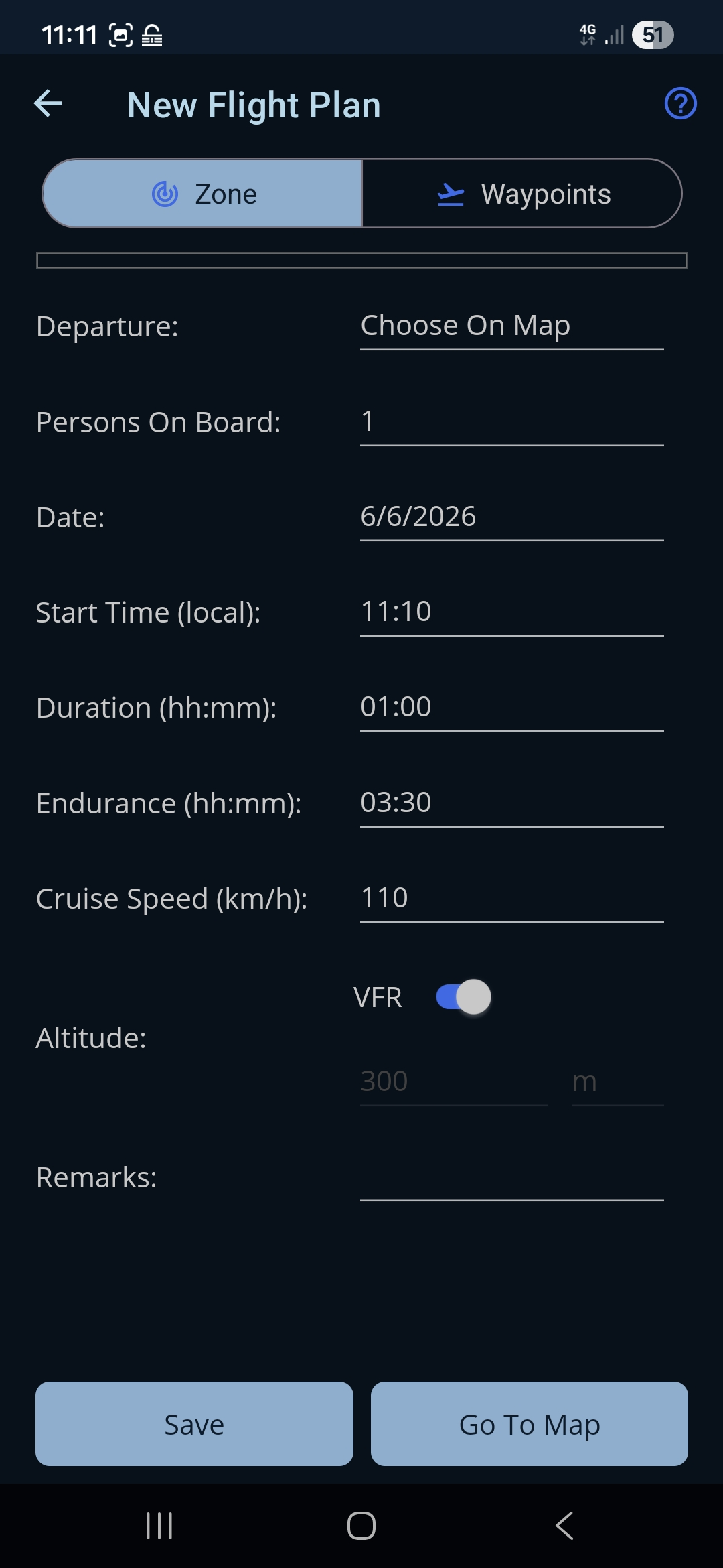 With an unplaced “Choose On Map” aerodrome, Submit Plan becomes “Go To Map”