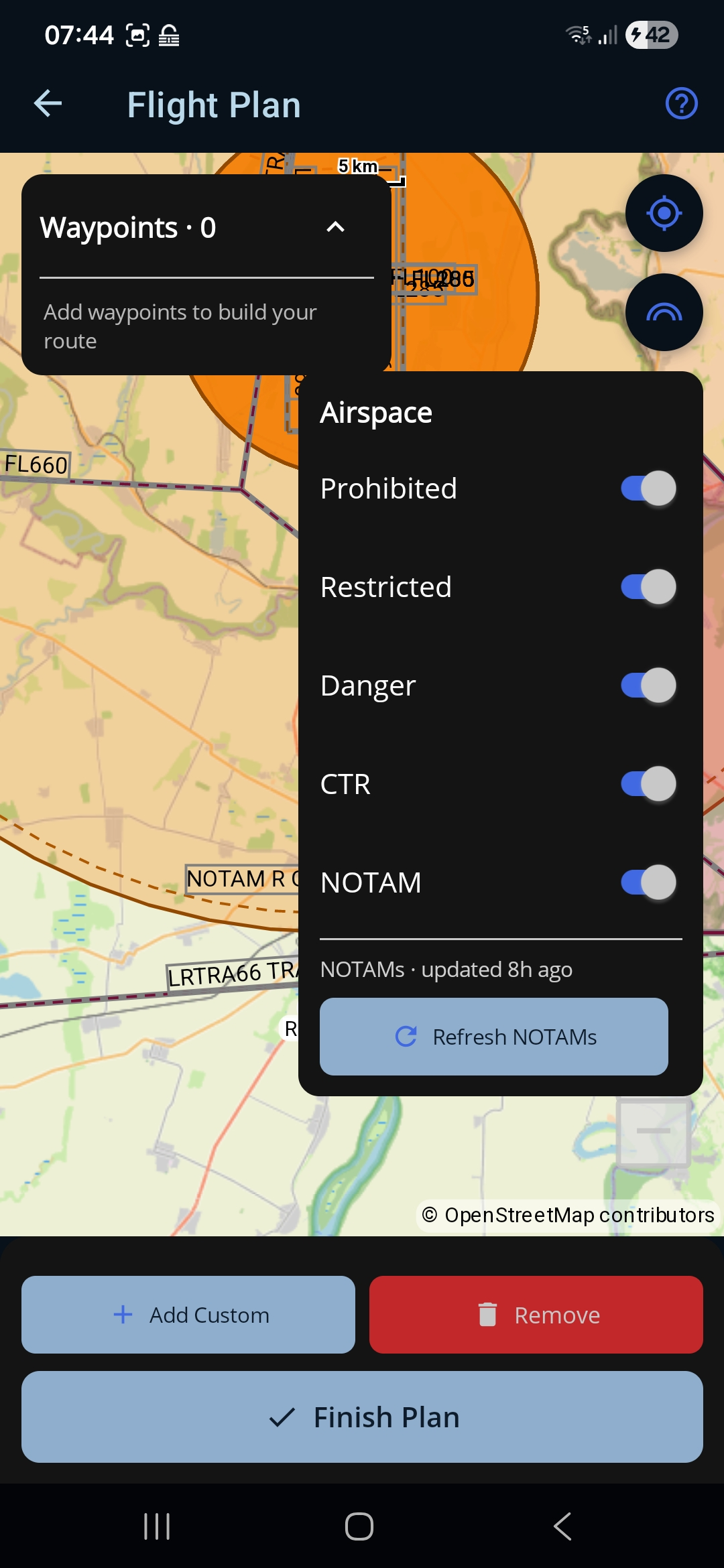 The Airspace panel — category switches, NOTAM freshness, and Refresh NOTAMs