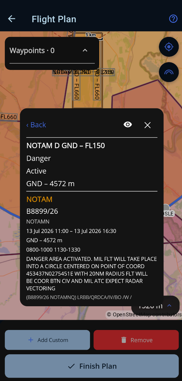 Detaliile unei zone, inclusiv NOTAM-ul întreg atașat
