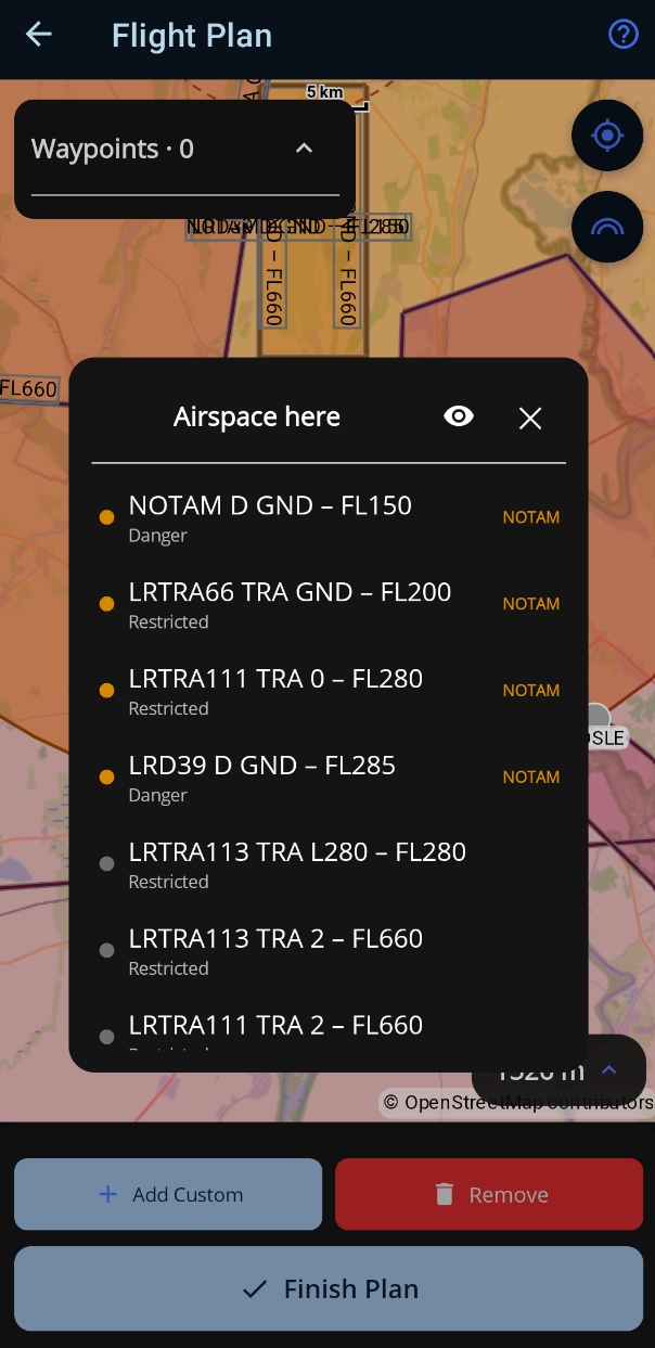 Apăsare lungă — fiecare zonă de spațiu aerian sau NOTAM de sub punct, cu puncte de activare și etichete NOTAM