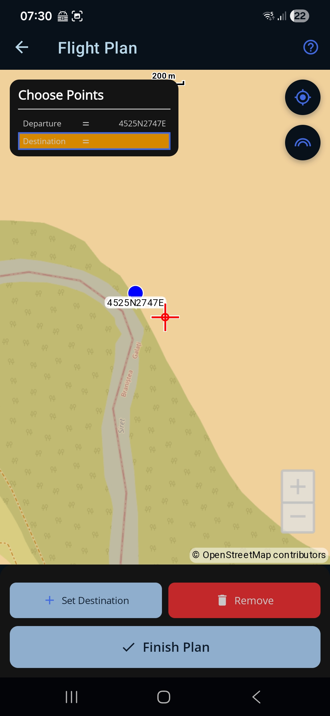The Choose Points panel — placing a “Choose On Map” aerodrome at the crosshair