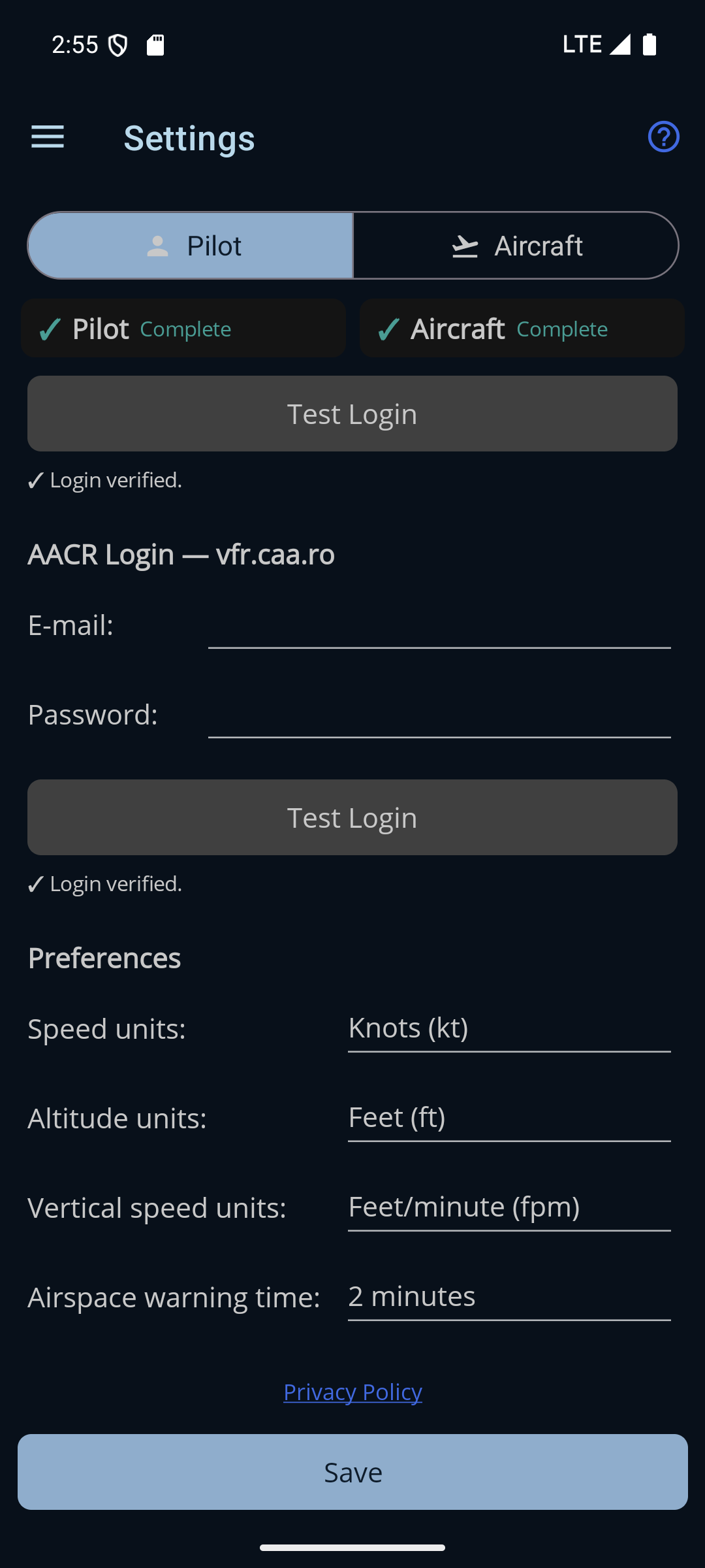 Secțiunea Pilot, derulată în jos — contul AACR cu ✓ de verificat și blocul Preferences sub el